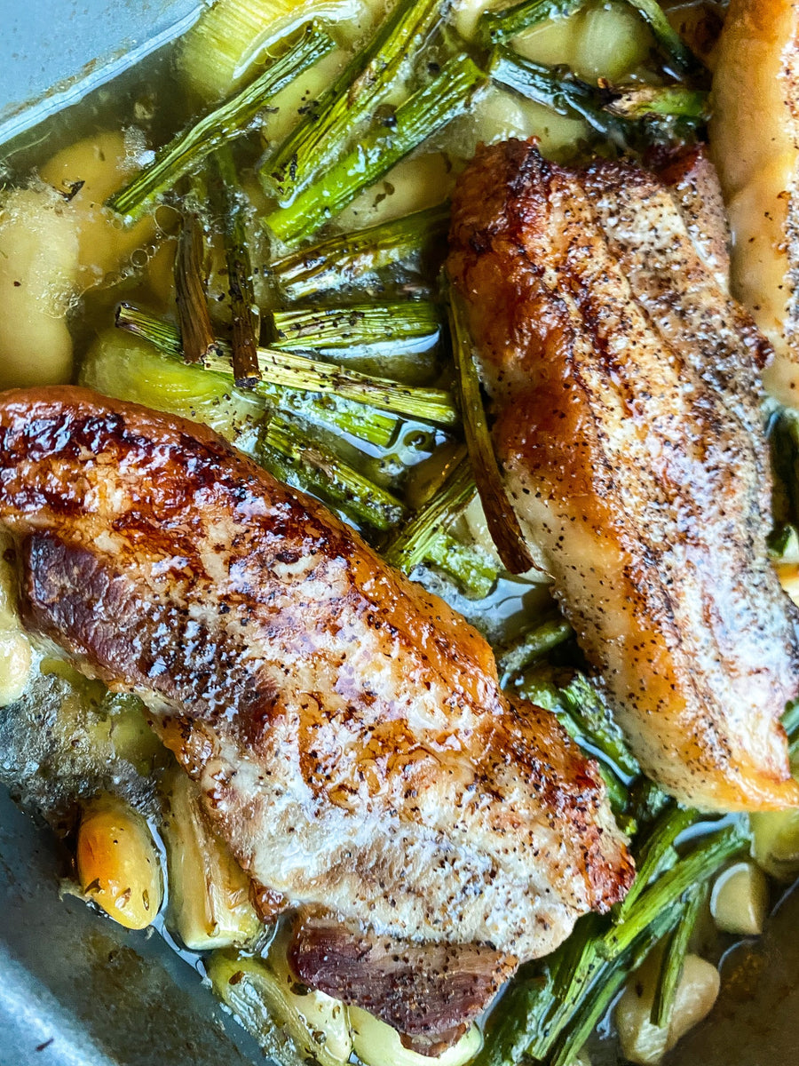 Baked Pork Belly, Asparagus & Butter Beans – Act One Art