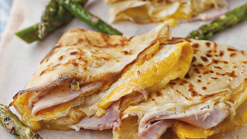 Neven Maguire’s Ham, Cheese and Egg Crêpes with Griddled Asparagus