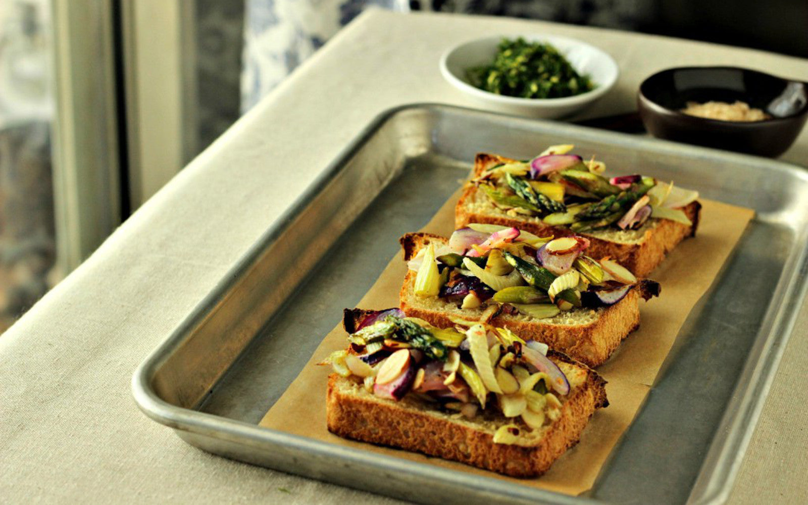 Asparagus Almond Crostini With Fennel Frond Gremolata