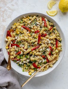 Summertime Grilled Corn and Crab Pasta Salad.