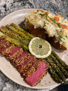 tuna steak and asparagus and stuffed baked potato