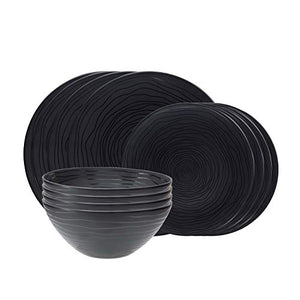 bzyoo BPA-Free Dishwasher Safe 100% Melamine Designed Plate & Bowl Set Best for Indoor and Outdoor Party (12 PCS Dinnerware set, Service for 4, Organica Black)