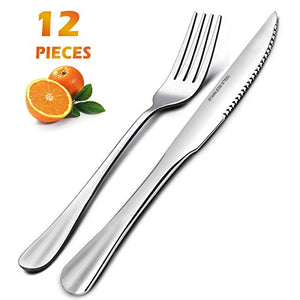 12-Piece Steak Knife and Fork Set, Elegant Life Stainless Steel Cutlery set, Fine Polished Prongs and Serrated Blade Tableware (Silver)