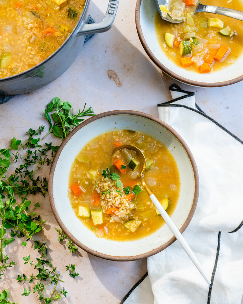 This cozy vegetable soup recipe features freekah, a whole grain that adds a chewy texture and a wisp of smoky flavor