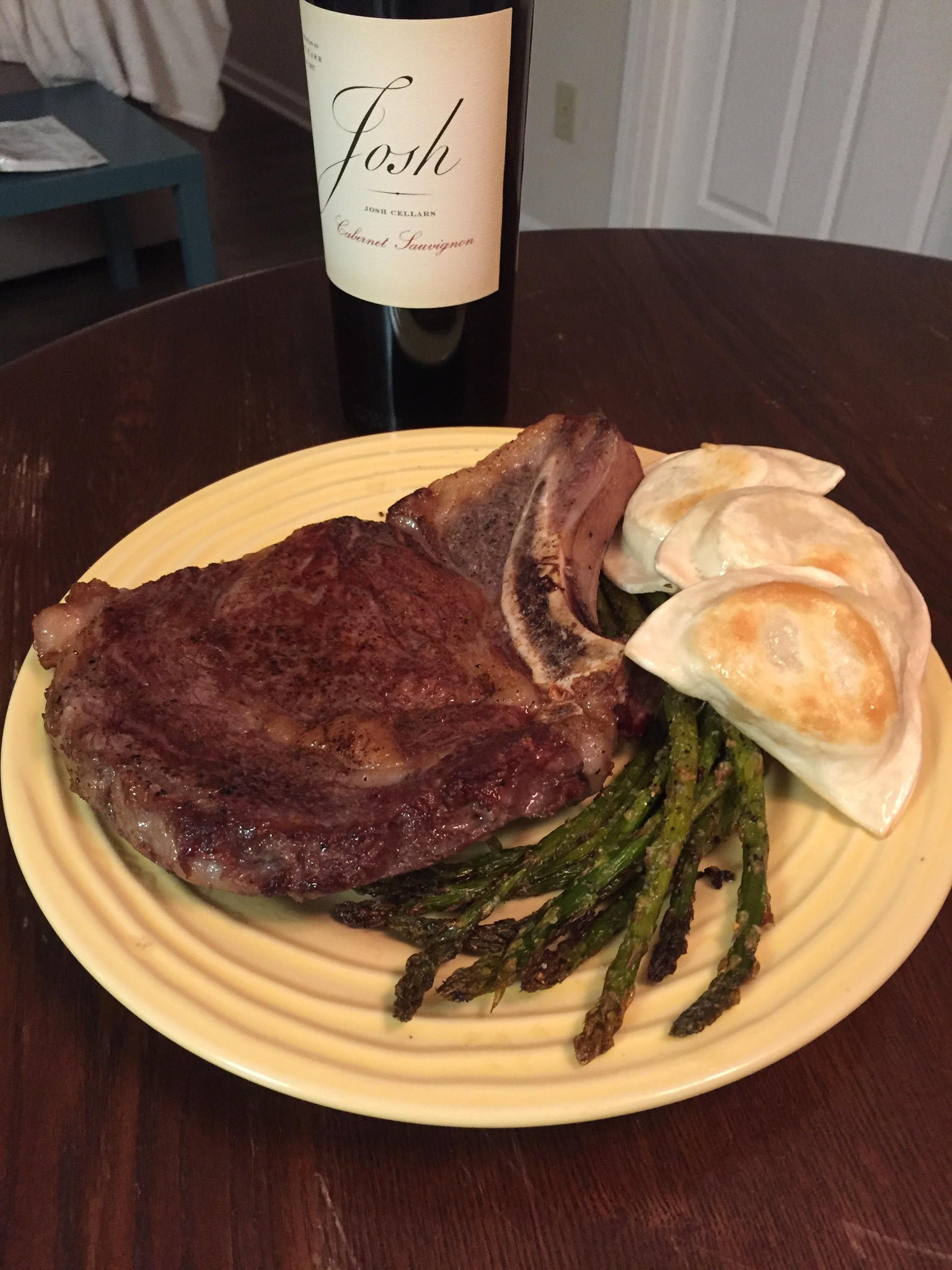 Need a bigger plate but sous vide ribeye with roasted asparagus and Mrs Ts pierogies