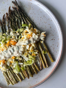 roasted asparagus and leeks with dijon cream sauce and boiled eggs
