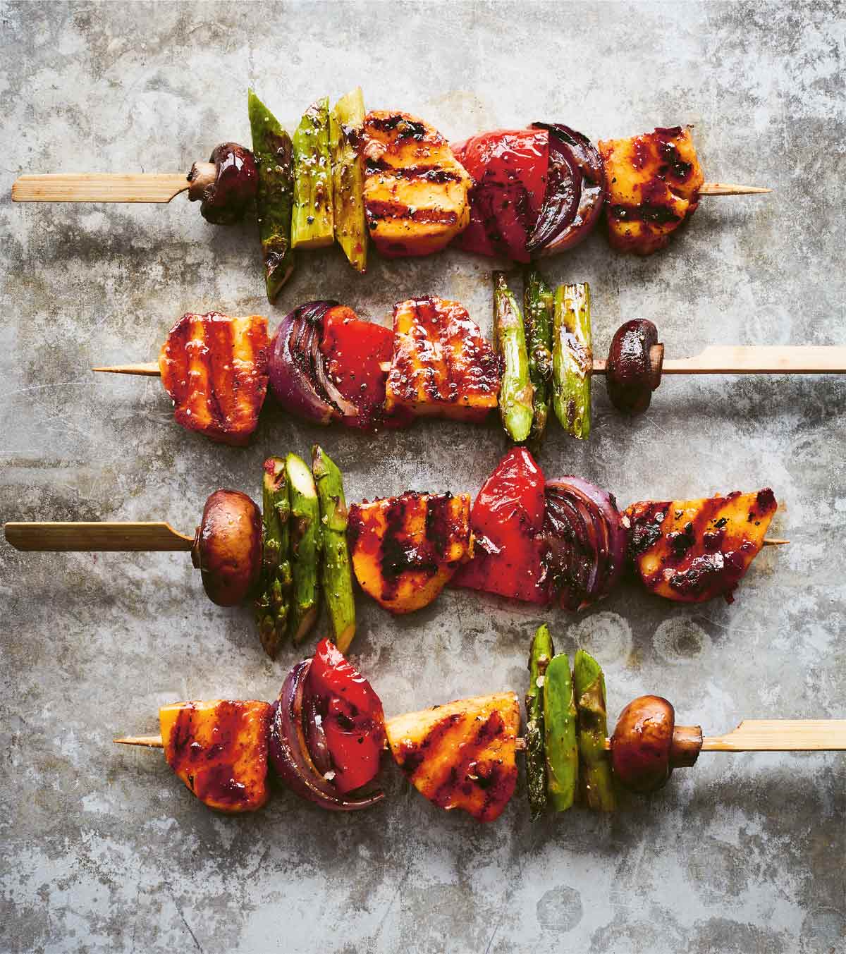 Grilled Vegetable Skewers with Harissa-Marinated Halloumi