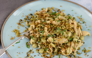 Crab and spring veg pasta with garlic  and chilli breadcrumbs