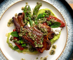 Lamb T-Bone, Asparagus, Pea Puree, Tomato, Goat’s Cheese and Mint Vinaigrette