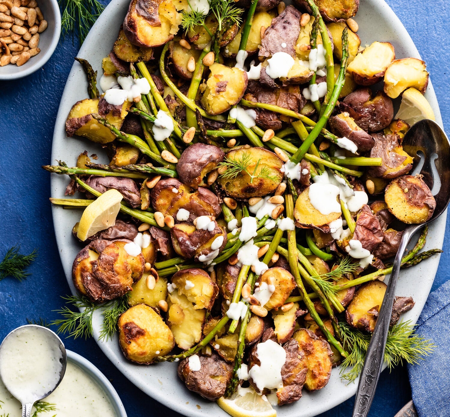 Roasted Potatoes and Asparagus Salad with Yogurt Lemon-Dill Dressing [Vegan]