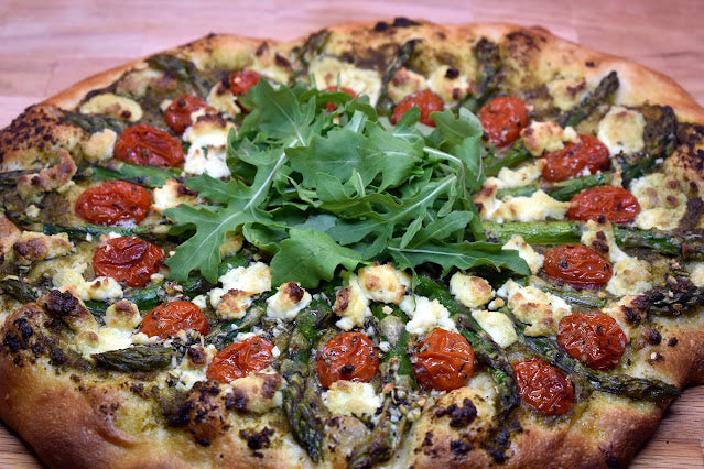 Pesto Asparagus Pizza with Garlic and Herb Boursin Cheese