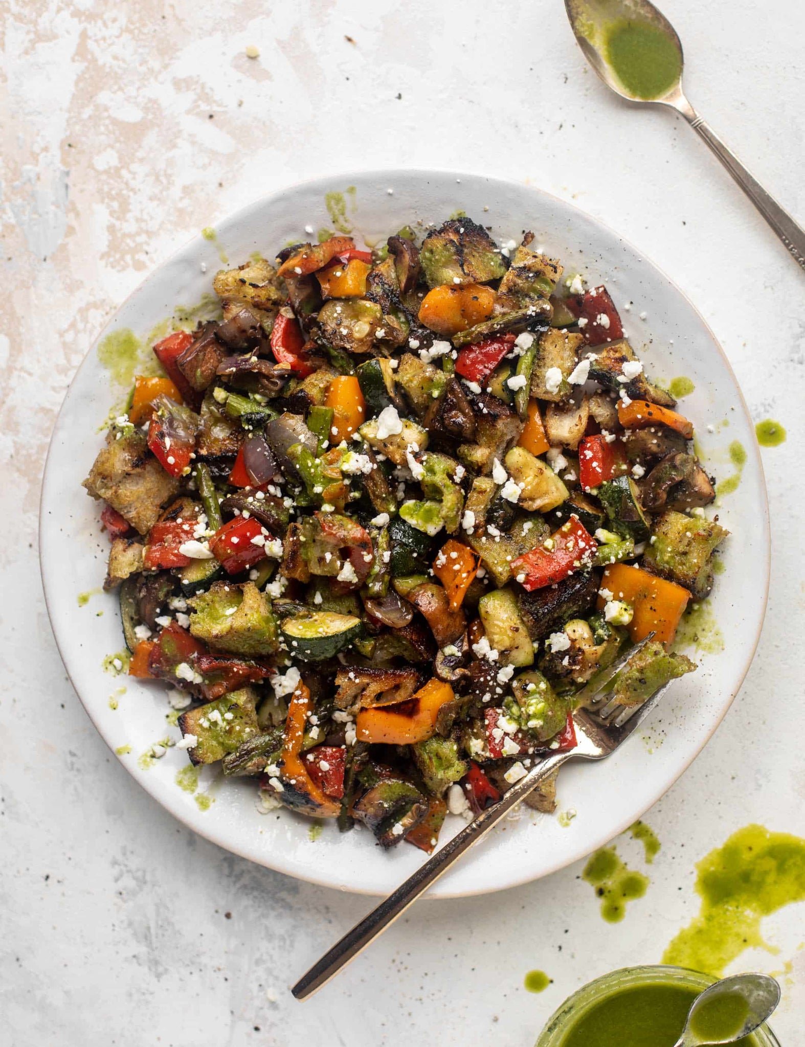 Grilled Vegetable Panzanella Salad with Basil Vinaigrette.