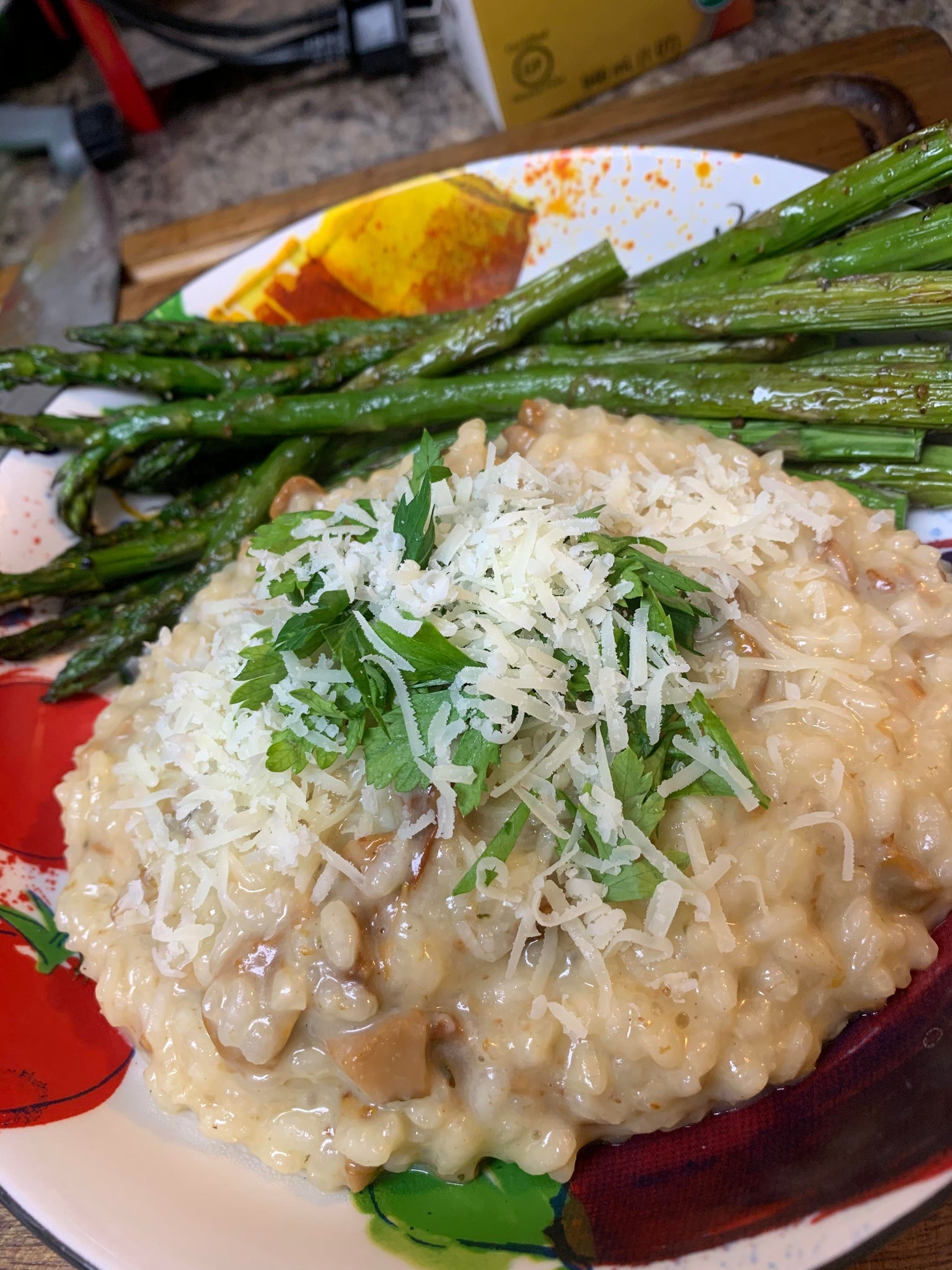 Chantarelle mushroom risotto with roasted asparagus