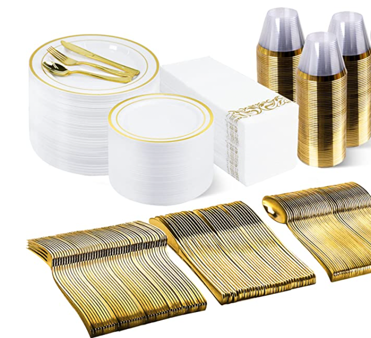 350 Piece Gold Disposable Dinner Set — Plates, Cups, Napkins & Silverware Just $50.99