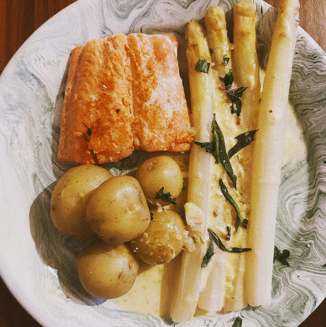 WHITE ASPARAGUS WITH THE BEST EVER ORANGE, TARRAGON & CREAM SAUCE, SALMON & POTATOES