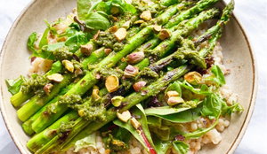 Roasted Asparagus with Pistachio Pesto and Pearl Couscous [Vegan]