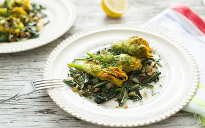 Okra and Corn Stuffed Squash Blossoms