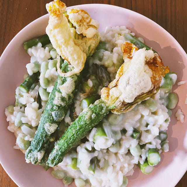 SPRING RISOTTO WITH DEEP FRIED COURGETTE FLOWERS