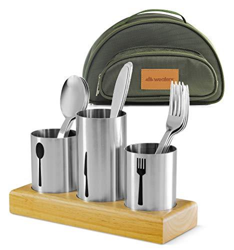 Utensil Caddy With Silverware Cutlery Holder Set Stainless Steel Flatware With Bamboo Wood Base Organizer &Amp; Carry Bag With Forks Knives Spoons Ideal Dining Entertaining Tailgating Picnics Camping