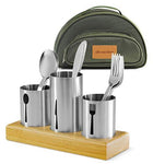 Utensil Caddy With Silverware Cutlery Holder Set Stainless Steel Flatware With Bamboo Wood Base Organizer &Amp; Carry Bag With Forks Knives Spoons Ideal Dining Entertaining Tailgating Picnics Camping