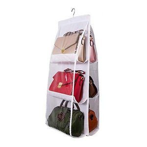 Exclusive wolunwo hanging purse handbag organizer breathable non woven closet storage holder bag with 6 easy access clear pockets white