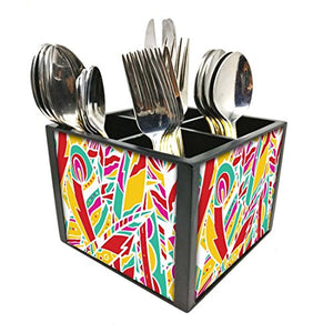 Nutcase Designer Cutlery Stand Holder Silverware Caddy-Spoons Forks Knives Organizer for Dining Table & kitchen W-5.75"x H -4.25"x L-5.5" - Rainbow feathers