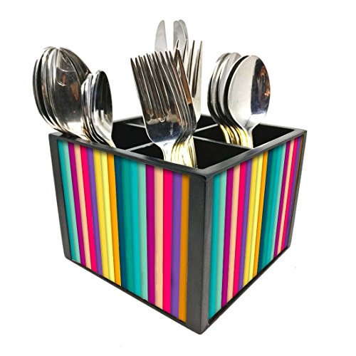 Nutcase Designer Cutlery Stand Holder Silverware Caddy-Spoons Forks Knives Organizer for Dining Table & kitchen -W-5.75"x H -4.25"x L-5.5"-SPOONS NOT INCLUDED - Multicolor Lines
