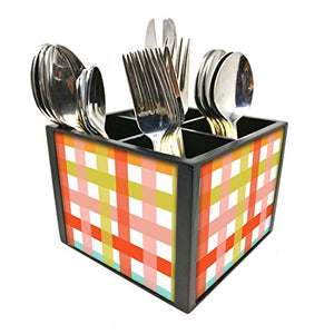 Nutcase Designer Cutlery Stand Holder Silverware Caddy-Spoons Forks Knives Organizer for Dining Table & kitchen -W-5.75"x H -4.25"x L-5.5"-SPOONS NOT INCLUDED - Box Pattern Orange And Green