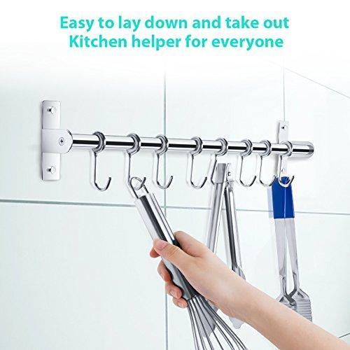 Discover the lesfit utensil rack kitchen wall mounted stainless steel rack rail for hanging knives pot and pan with 8 removable hooks 20 inches