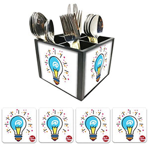 Nutcase Designer Flatware Cutlery Stand Holder Silverware Caddy-Spoons Forks Knives Organizer With Matching Metal Coasters - Light Bulb