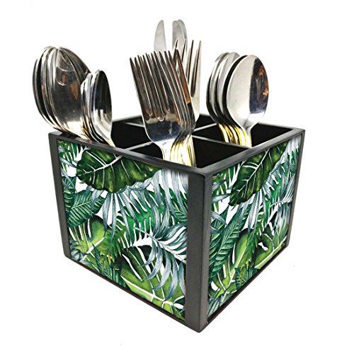 Nutcase Designer Cutlery Stand Holder Silverware Caddy-Spoons Forks Knives Organizer for Dining Table & kitchen W-5.75"x H -4.25"x L-5.5" - Monstera Leaves