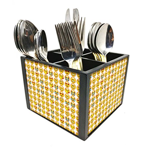 Nutcase Designer Cutlery Stand Holder Silverware Caddy-Spoons Forks Knives Organizer for Dining Table & kitchen -W-5.75"x H -4.25"x L-5.5"-SPOONS NOT INCLUDED - Yellow faceses