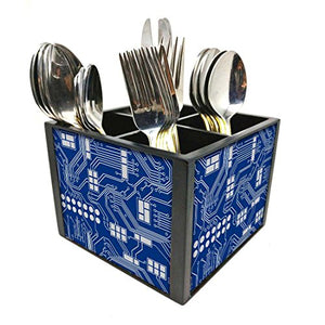 Nutcase Designer Cutlery Stand Holder Silverware Caddy-Spoons Forks Knives Organizer for Dining Table & kitchen -W-5.75"x H -4.25"x L-5.5"-SPOONS NOT INCLUDED - Circuit Board Blue