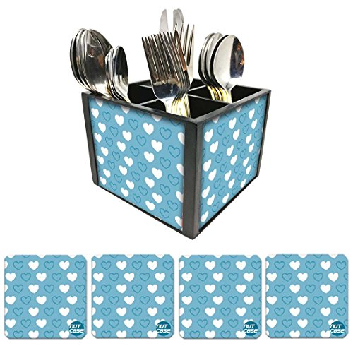 Nutcase Designer Flatware Cutlery Stand Holder Silverware Caddy-Spoons Forks Knives Organizer With Matching Metal Coasters - White Valentine Hearts
