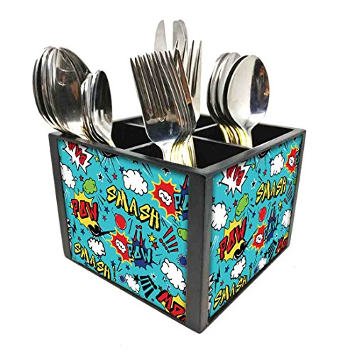 Nutcase Designer Cutlery Stand Holder Silverware Caddy-Spoons Forks Knives Organizer for Dining Table & kitchen W-5.75"x H -4.25"x L-5.5" - Comic Style Blue