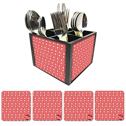 Nutcase Designer Flatware Cutlery Stand Holder Silverware Caddy-Spoons Forks Knives Organizer With Matching Metal Coasters - Red Designer