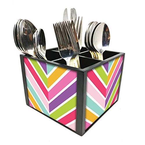 Nutcase Designer Cutlery Stand Holder Silverware Caddy-Spoons Forks Knives Organizer for Dining Table & kitchen -W-5.75"x H -4.25"x L-5.5"-SPOONS NOT INCLUDED - Pastels Chevron