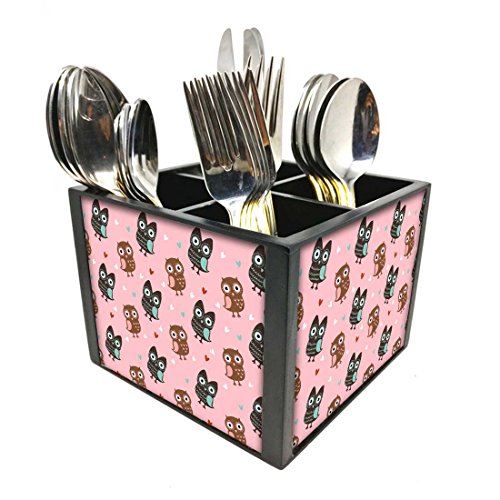 Nutcase Designer Cutlery Stand Holder Silverware Caddy-Spoons Forks Knives Organizer for Dining Table & kitchen -W-5.75"x H -4.25"x L-5.5"-SPOONS NOT INCLUDED - Owls Everywhere
