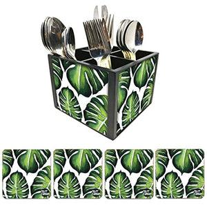 Nutcase Designer Flatware Cutlery Stand Holder Silverware Caddy-Spoons Forks Knives Organizer With Matching Metal Coasters - Monstera