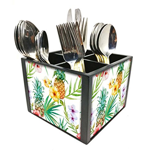 Nutcase Designer Cutlery Stand Holder Silverware Caddy-Spoons Forks Knives Organizer for Dining Table & kitchen W-5.75"x H -4.25"x L-5.5" - Pineapple Leaves