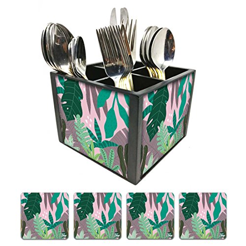 Nutcase Designer Flatware Cutlery Stand Holder Silverware Caddy-Spoons Forks Knives Organizer With Matching Metal Coasters - Pink Tropical vibes
