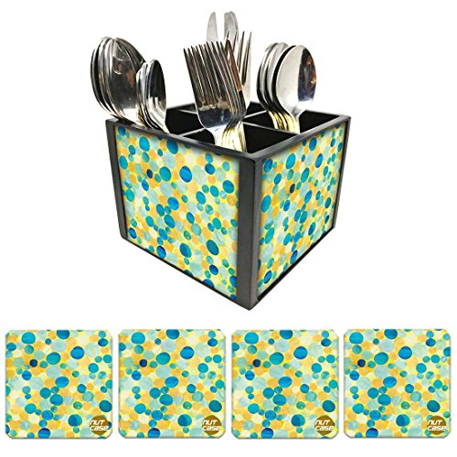 Nutcase Designer Flatware Cutlery Stand Holder Silverware Caddy-Spoons Forks Knives Organizer With Matching Metal Coasters - Green Marble Dots