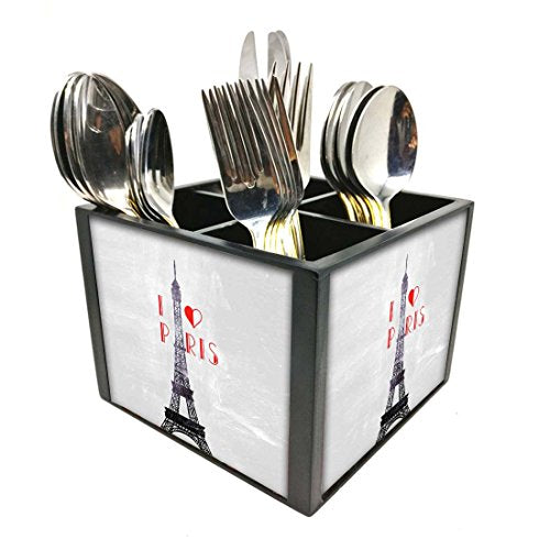 Nutcase Designer Cutlery Stand Holder Silverware Caddy-Spoons Forks Knives Organizer for Dining Table & kitchen -W-5.75"x H -4.25"x L-5.5"-SPOONS NOT INCLUDED - I Love Paris City