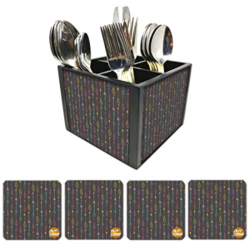 Nutcase Designer Flatware Cutlery Stand Holder Silverware Caddy-Spoons Forks Knives Organizer With Matching Metal Coasters - Arrow Style