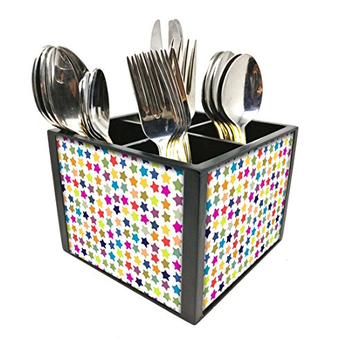 Nutcase Designer Cutlery Stand Holder Silverware Caddy-Spoons Forks Knives Organizer for Dining Table & kitchen -W-5.75"x H -4.25"x L-5.5"-SPOONS NOT INCLUDED - Colorful Stars