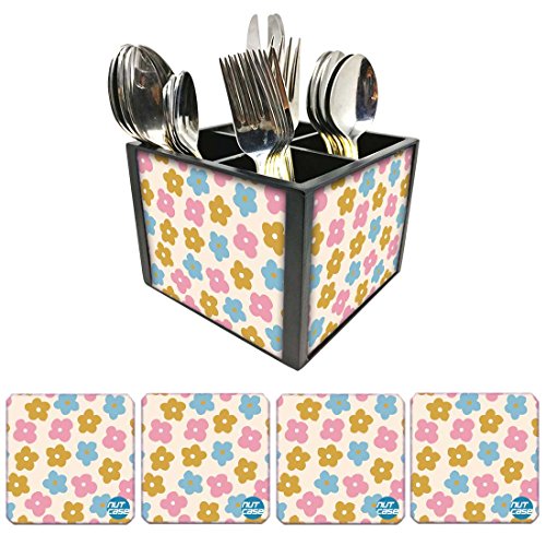 Nutcase Designer Flatware Cutlery Stand Holder Silverware Caddy-Spoons Forks Knives Organizer With Matching Metal Coasters - Irish Flowers