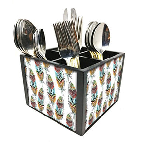 Nutcase Designer Cutlery Stand Holder Silverware Caddy-Spoons Forks Knives Organizer for Dining Table & kitchen W-5.75"x H -4.25"x L-5.5" - Feathers In White