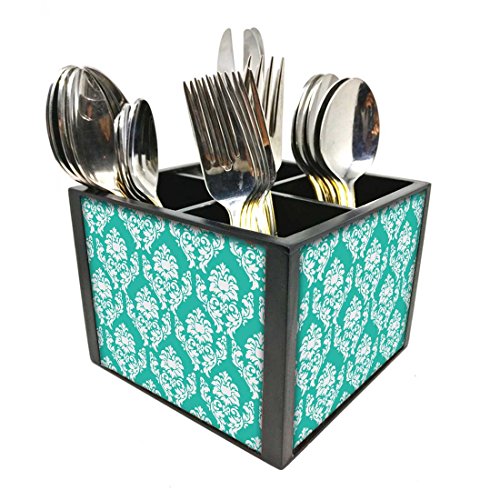 Nutcase Designer Cutlery Stand Holder Silverware Caddy-Spoons Forks Knives Organizer for Dining Table & kitchen -W-5.75"x H -4.25"x L-5.5"-SPOONS NOT INCLUDED - Mint & White Damask