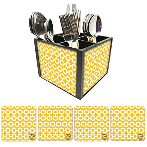 Nutcase Designer Flatware Cutlery Stand Holder Silverware Caddy-Spoons Forks Knives Organizer With Matching Metal Coasters - Yellow Flowers Design
