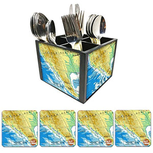 Nutcase Designer Flatware Cutlery Stand Holder Silverware Caddy-Spoons Forks Knives Organizer With Matching Metal Coasters - Atlas Map